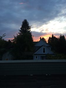 orange sunrise sky through dark clouds, behind a sillouette of fir trees and a house